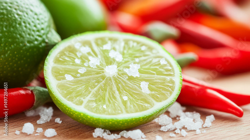 Macro shot of a fresh lime wedge with coarse salt, tequila appetizer background