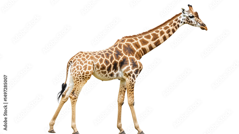 Fototapeta premium Standing giraffe, long neck and spotted wildlife, giraffe height standing giant, giraffe majesty high neck wildlife, long neck king giraffe, on a transparent backgrounds