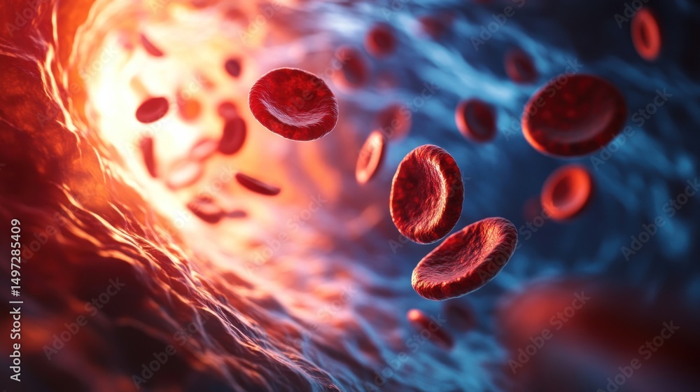 Fototapeta premium Microscopic view of red blood cells flowing through a vessel, vibrant colors and textures