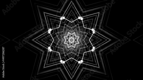 Seamless Loop Abstract Kaleidoscope Animation with Pulsing Monochrome Geometric Star and Line Patterns