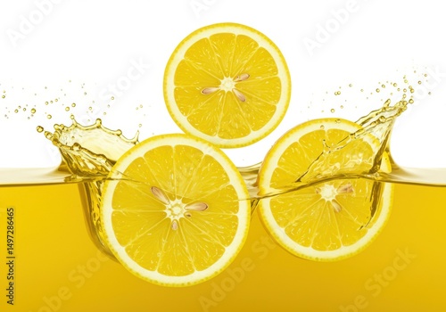 Three lemon slices splashing into yellow liquid against a white background close up isolated on white background