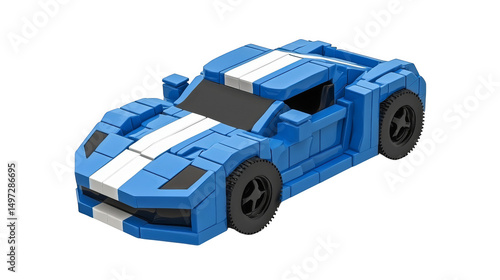 Detailed model of sports car built from blue and white building blocks, showcasing sleek design and sporty appearance