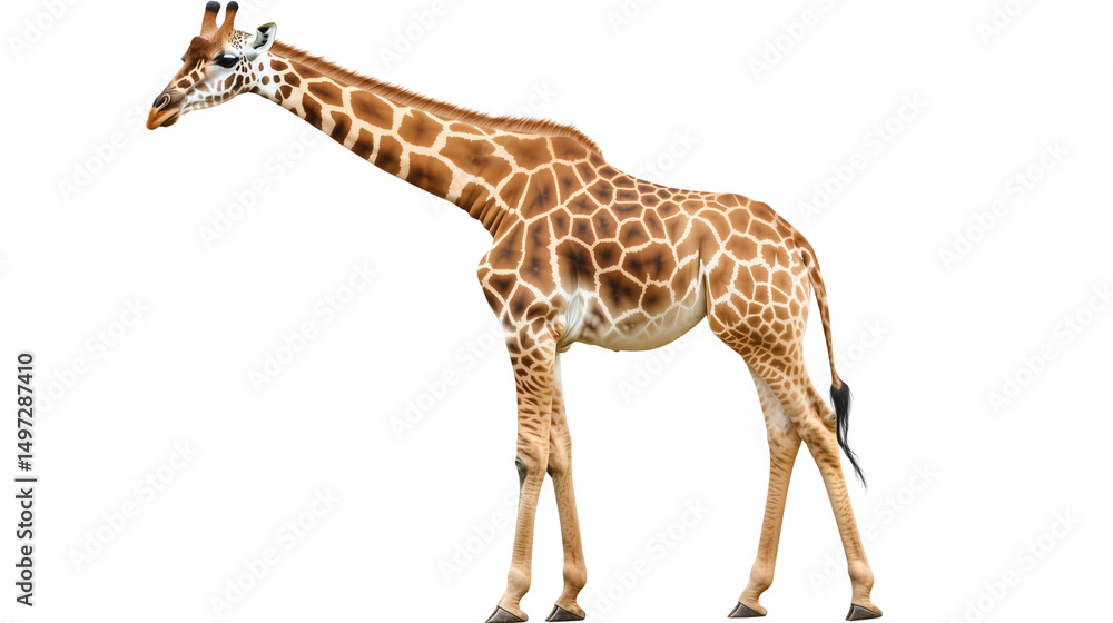 Fototapeta premium Standing giraffe, long neck and spotted wildlife, giraffe height standing giant, giraffe majesty high neck wildlife, long neck king giraffe, on a transparent backgrounds