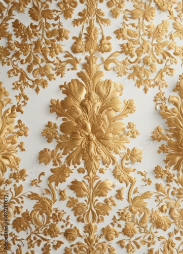 Intricate gold floral damask textile design, white background, ornate, background
