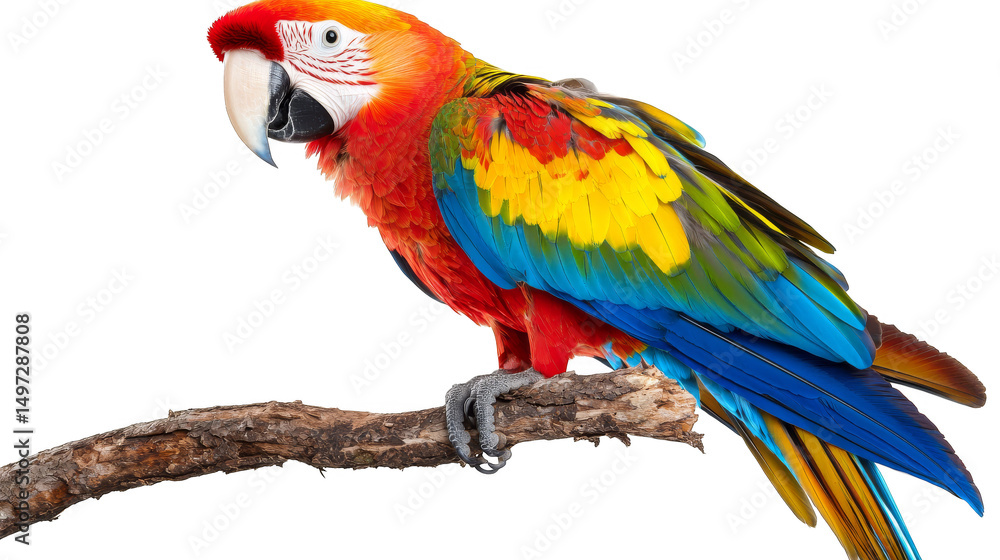 Obraz premium Colorful parrot perched branch with vibrant feathers and expressive eyes, showcasing tropical bird beauty and exotic wildlife
