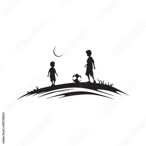 A cheerful illustration of young children playing soccer in the park during a beautiful sunset isolated on white background.