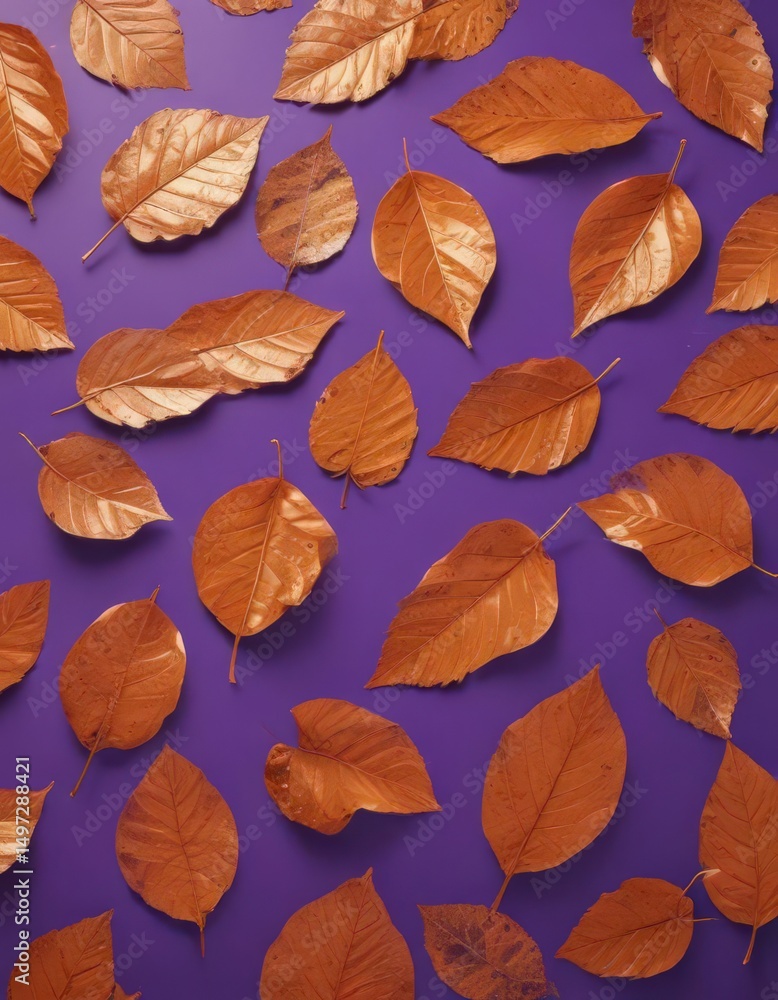 Obraz premium Dried orange metallic leaves, violet backdrop Geometric leaf pattern, autumnal vibe , surface, element