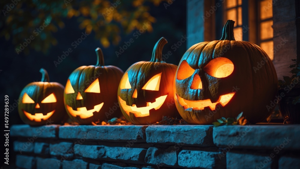 Fototapeta premium Three delighted, eerie jack o'lanterns geared up for Halloween