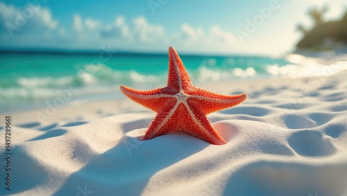 Fototapeta Naklejka Na Ścianę i Meble -  Beautiful starfish on white sand at a Caribbean tropical beach