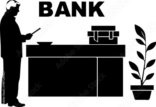 senior checking bank account. Bank scene with man using smartphone at counter with plant
