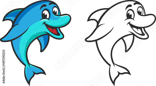 Two icons of a cartoon and cheerful dolphin with big eyes and a smile.