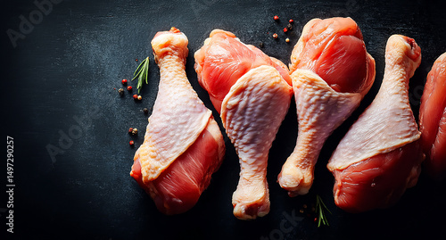 Raw chicken drumsticks with copy space, top view. The concept of cooking and eating meat products