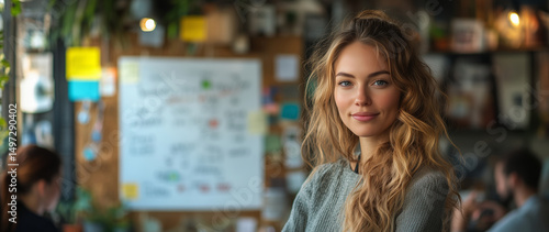 a woman presenting her business idea on a whiteboard in a small workshop, surrounded by local entrepreneurs taking notes, bright indoor lighting with room on the right for promotional text