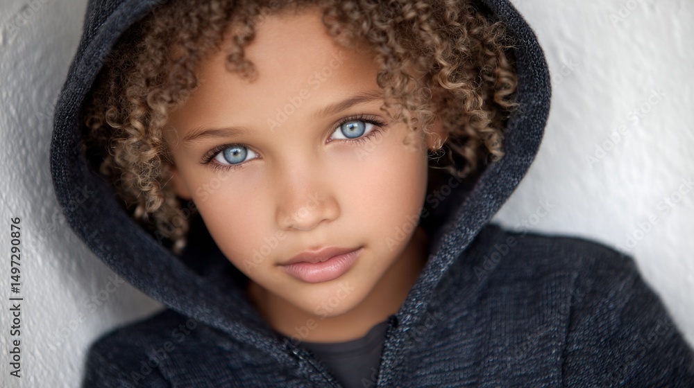 Close-up of a young girl with curly hair and striking blue eyes wearing a dark hoodie Close-up of a young girl with curly hair and striking blue eyes wearing a dark hoodie