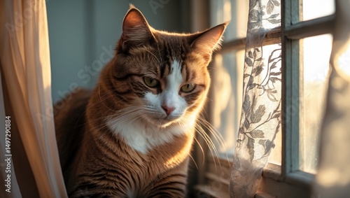 Brown cat with white markings looking out the window sadly