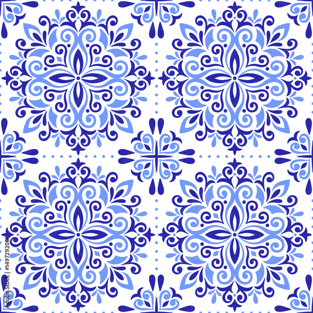 Mediterranean seamless pattern with blue tiles, white background. Abstract mosaic design. Portuguese, Italian, Spanish motifs. Floral ornament, print for home textile or ceramic. Vector illustration Mediterranean seamless pattern with blue tiles, white background. Abstract mosaic design. Portuguese, Italian, Spanish motifs. Floral ornament, print for home textile or ceramic. Vector illustration