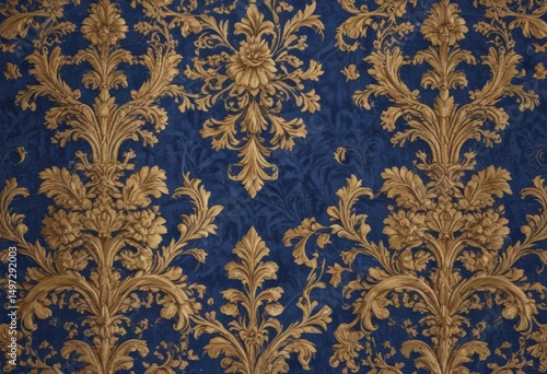 Wallpaper Mural Intricate floral damask, royal blue & gold textile, texture, scroll Torontodigital.ca