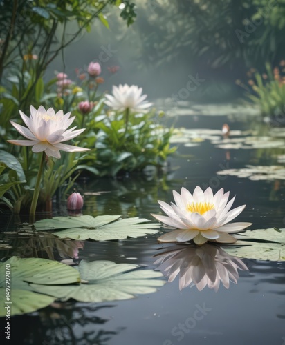 Wallpaper Mural Delicate watercolor water lilies, serene garden scene ,  blossom,  pastel,  white background Torontodigital.ca