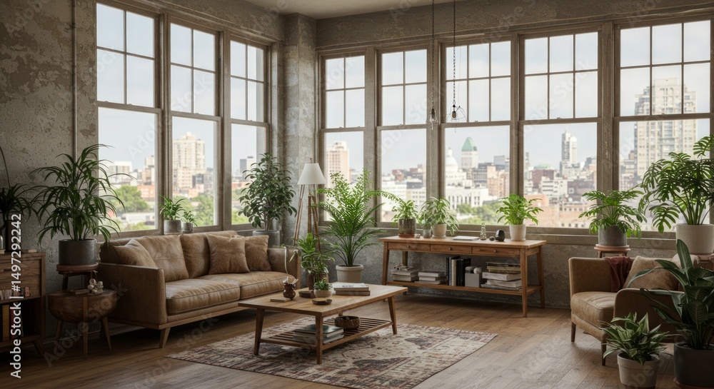 Bright living room with plants and city view through large windows Bright living room with plants and city view through large windows