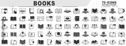Big set of book related black line icons. Editable stroke