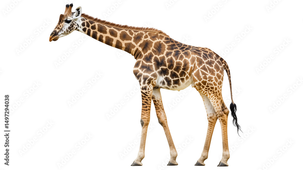 Fototapeta premium Giraffe standing alone on white background in profile view