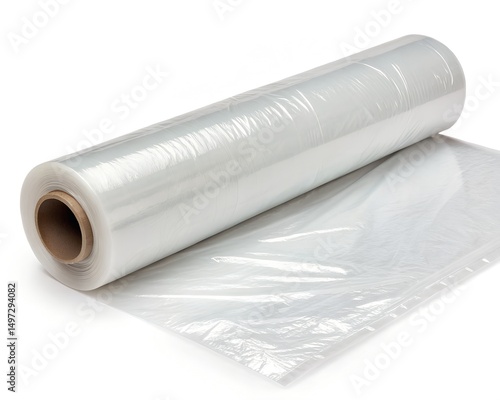 Transparent Cling Film Roll on White Background, 8K Plastic Wrap Product Photo