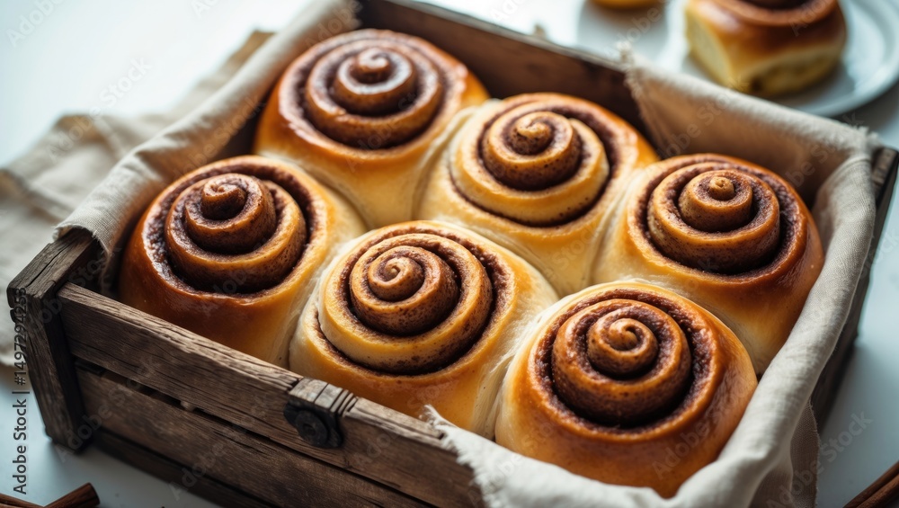Fototapeta premium Rustic wooden box holding freshly baked sweet cinnamon buns for breakfast, featuring a linen napkin on a white backdrop. Traditional pastry with space for text. Vertical orientation.