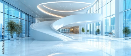 Modern Architectural Design: A Stunning White Spiral Staircase in a Luxurious Glass Building Lobby
