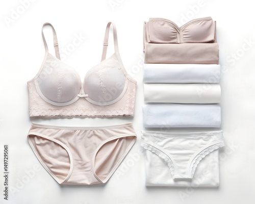 Folded Women’s Underwear Sets on White Background, 8K Clean Laundry Stock Photo