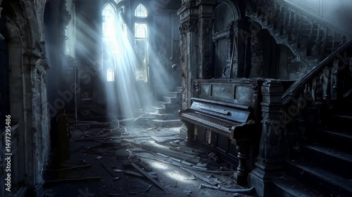 A dark room with a piano in the middle of it