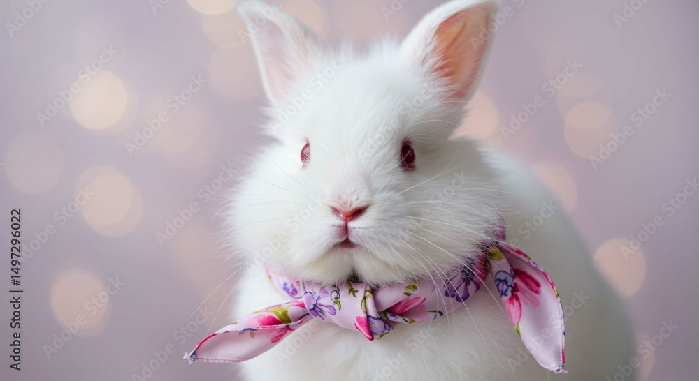 Obraz premium Adorable White Bunny Rabbit with Floral Neck Scarf Soft Bokeh Background Pet Portrait