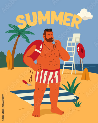 Male lifeguard blowing a whistle on the beach