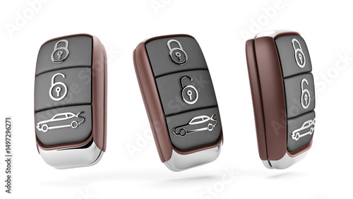 black car keys with brown leather case 3d render illustration