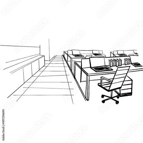 Hand-drawn vector illustration of a modern office interior with desks, chairs, and office supplies, showcasing a clean, minimalist workspace design in black and white line art.