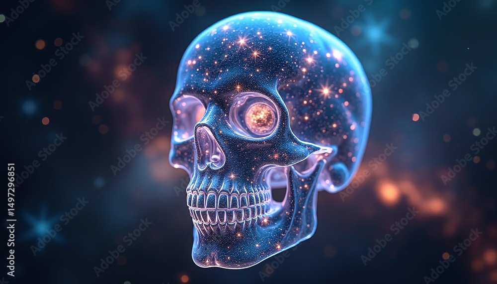 A cosmic skull filled with stars, blending art, science, and mystery. The artwork depicts a skull filled with a starry galaxy, sparking curiosity and wonder. A cosmic skull filled with stars, blending art, science, and mystery. The artwork depicts a skull filled with a starry galaxy, sparking curiosity and wonder.