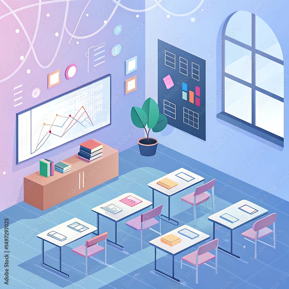 Virtual classroom environment with floating charts, open books, coding symbols, and educational icons representing online learning, digital education, and e-learning technology
Virtual classroom environment with floating charts, open books, coding symbols, and educational icons representing online learning, digital education, and e-learning technology