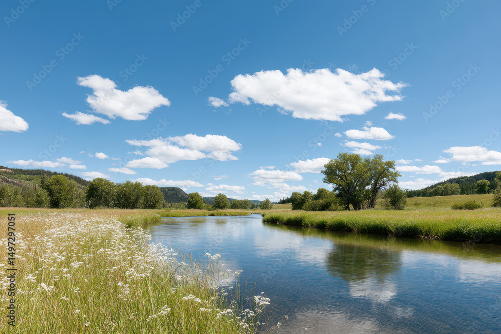 serene summer landscape along river floodplain in alberta showcasing lush greenery and gentle river flow serene summer landscape along river floodplain in alberta showcasing lush greenery and gentle river flow