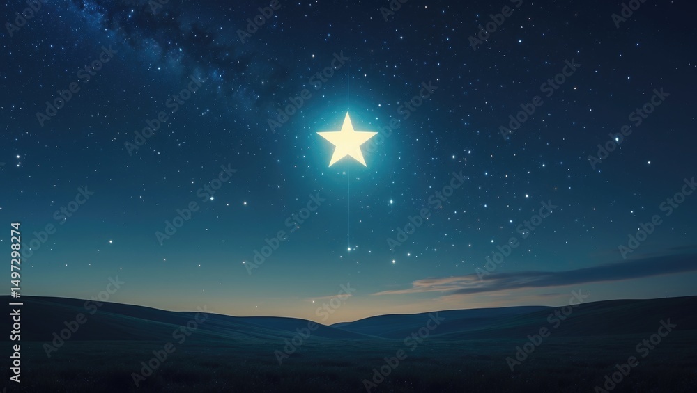 Naklejka premium A shining star illuminates the manger under the night sky