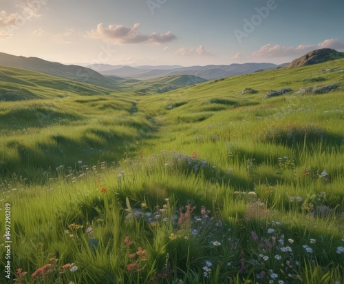 Wallpaper Mural Rolling hills of emerald grass, wildflowers scattered  ,  daytime,  outdoors Torontodigital.ca