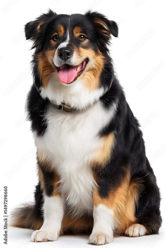 A cheerful Australian Shepherd sits calmly, showcasing its friendly demeanor and vibrant fur in a well-lit environment A cheerful Australian Shepherd sits calmly, showcasing its friendly demeanor and vibrant fur in a well-lit environment