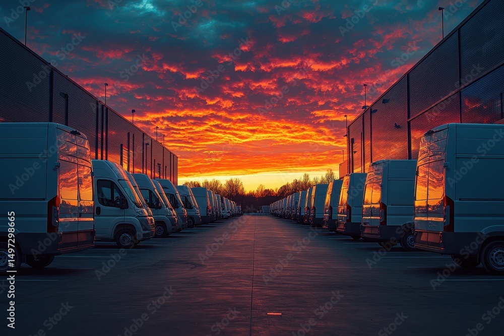 Obraz premium Fleet of Delivery Vans Lined Up at Sunset with Dramatic Sky and Vibrant Colors Reflecting on Vehicles