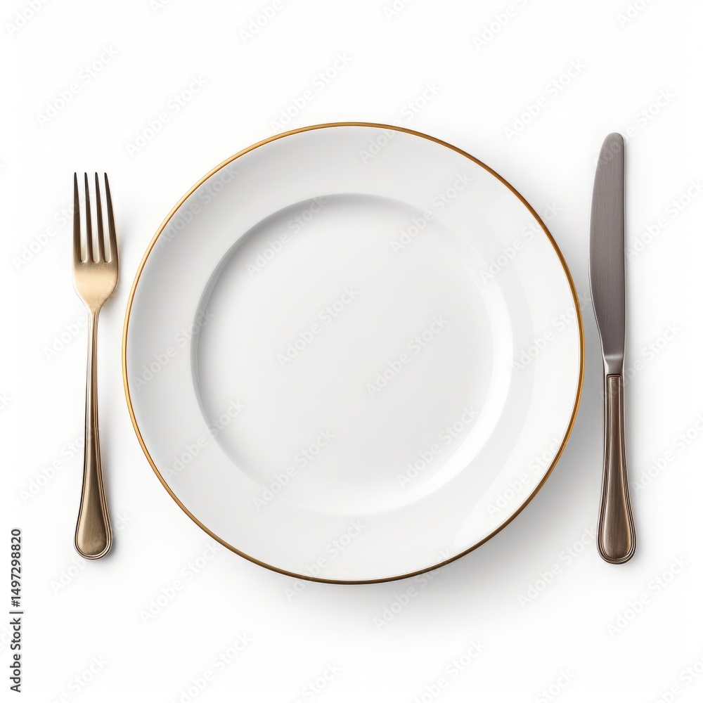 An isolated ultra realistic photography of a white plate with fork and knife on white background An isolated ultra realistic photography of a white plate with fork and knife on white background