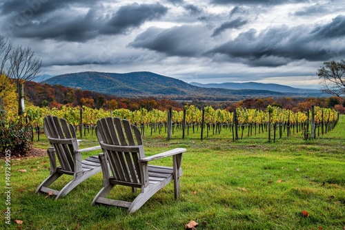 House With Mountains. Wooden Chairs at Charlottesville Winery Vineyard in Blue Ridge Mountains of Virginia
