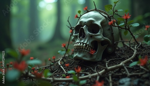 A skull adorned with blooming plants rests in the forest, evoking thoughts of mortality and the cycle of life. The skull lies amidst a backdrop of trees