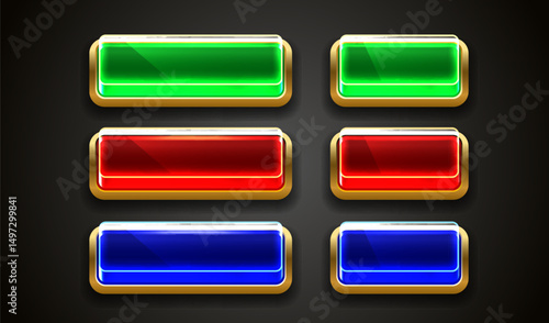 Light button, frame label, event bar casino, gold buttons with color. Vector illustration