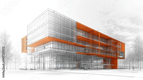 Modern Architectural Design: Orange Accents in Glass Building