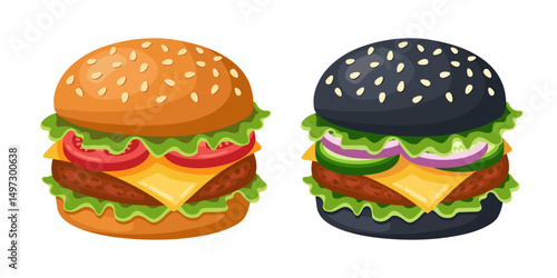Flat vector illustration of two burgers: one with a sesame bun, lettuce, tomato, cheese, and patty; the other with a black sesame bun, cucumber, onion, lettuce, cheese and patty. Isolated.