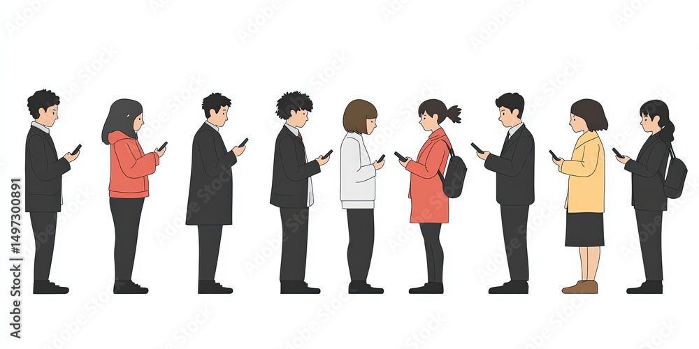 Obraz premium Modern people interaction illustration. Adults and youth use smartphones. Digital communication, lifestyle, diverse group, social media, minimalist design, urban context.