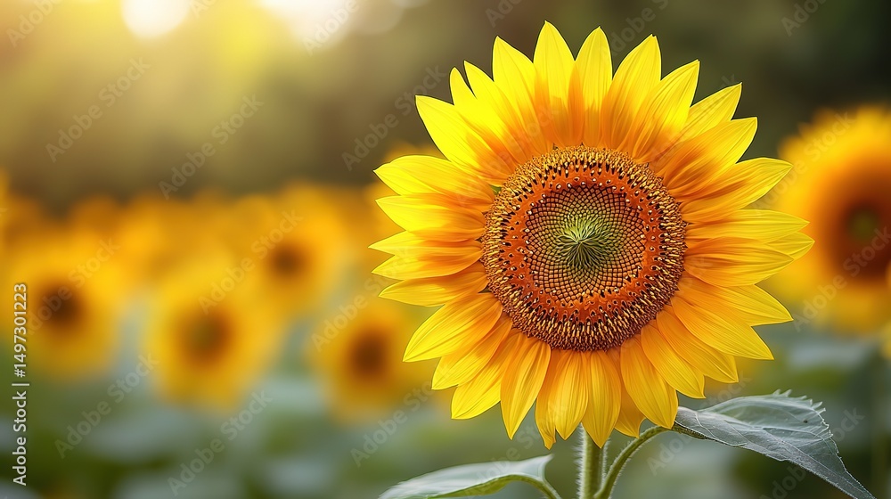 Fototapeta premium Vibrant sunflower field bathed in golden sunlight, symbolizing summer joy