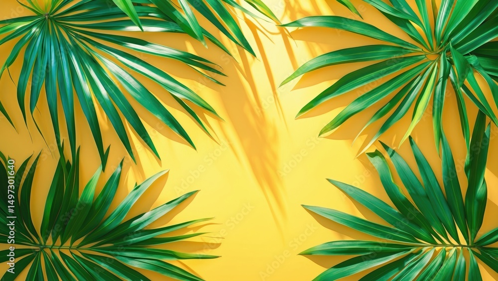 Minimalist summer flat lay of green tropical palm leaves against a yellow backdrop with sunlight. Minimalist summer flat lay of green tropical palm leaves against a yellow backdrop with sunlight.